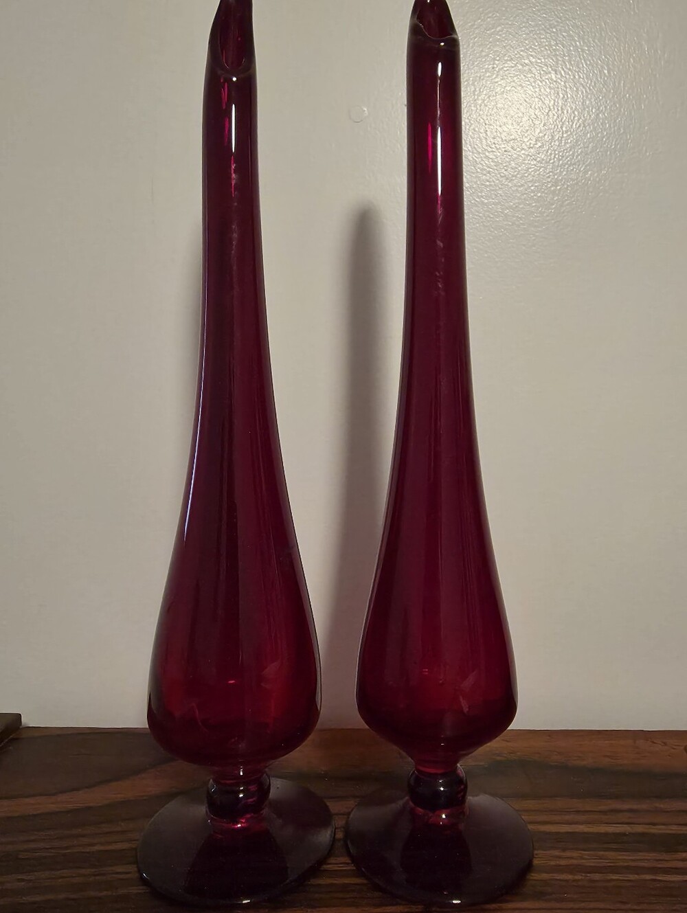 Vintage Deep Red Pedestal Swung Vase, Lovely Pair